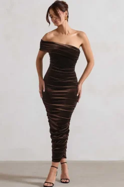 Remember Me | Chocolate Velvet One Shoulder Midi Dress