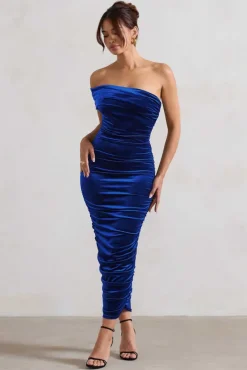 Remember Me | Cobalt Blue Velvet One Shoulder Midi Dress