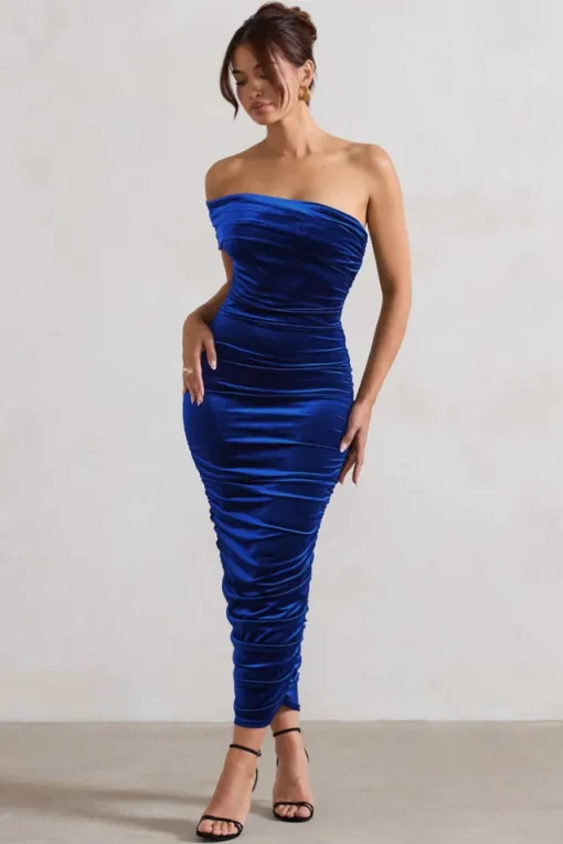 Remember Me | Cobalt Blue Velvet One Shoulder Midi Dress