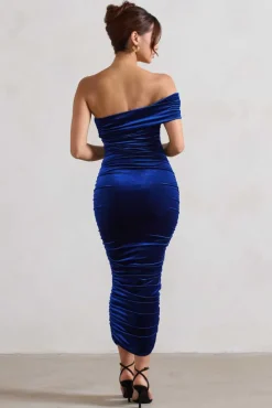 Remember Me | Cobalt Blue Velvet One Shoulder Midi Dress