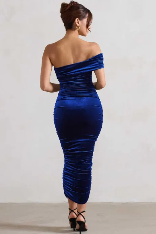 Remember Me | Cobalt Blue Velvet One Shoulder Midi Dress