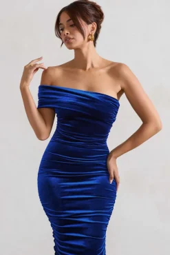 Remember Me | Cobalt Blue Velvet One Shoulder Midi Dress