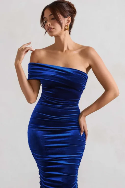 Remember Me | Cobalt Blue Velvet One Shoulder Midi Dress