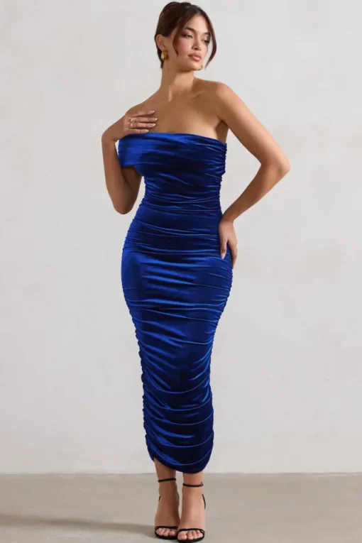 Remember Me | Cobalt Blue Velvet One Shoulder Midi Dress