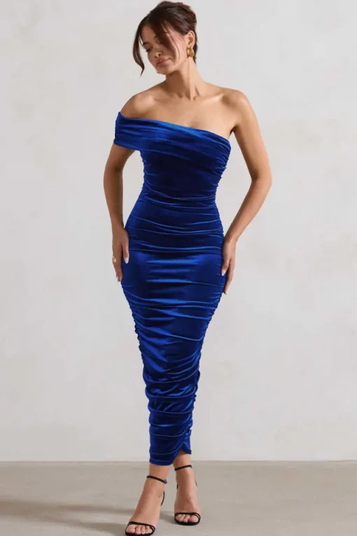 Remember Me | Cobalt Blue Velvet One Shoulder Midi Dress