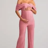 Renata | Blush Pink Draped Sleeve Bardot Maternity Jumpsuit