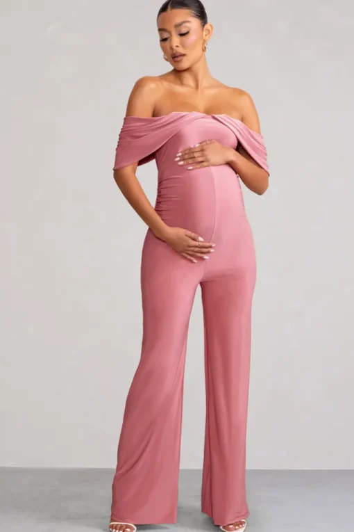 Renata | Blush Pink Draped Sleeve Bardot Maternity Jumpsuit