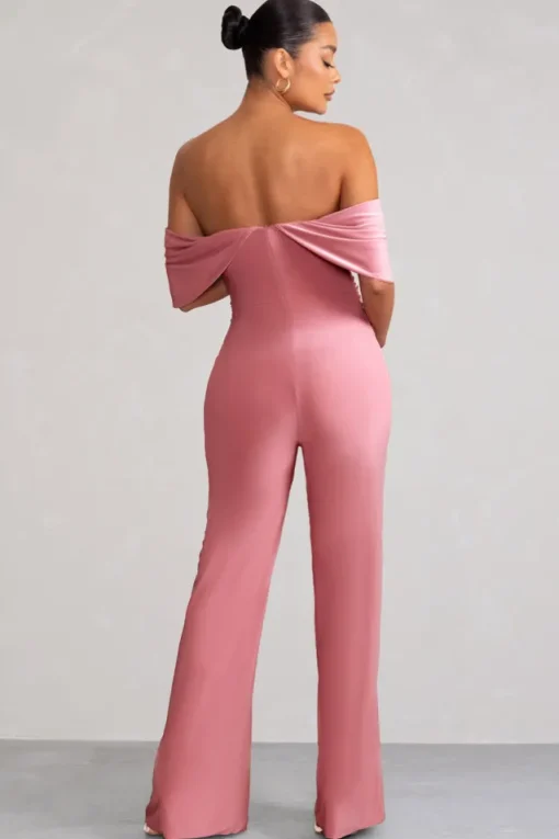 Renata | Blush Pink Draped Sleeve Bardot Maternity Jumpsuit