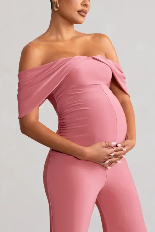 Renata | Blush Pink Draped Sleeve Bardot Maternity Jumpsuit