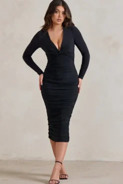Renee | Black Plunge Twist Neckline Long Sleeve Ruched Midi Dress