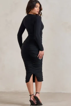 Renee | Black Plunge Twist Neckline Long Sleeve Ruched Midi Dress