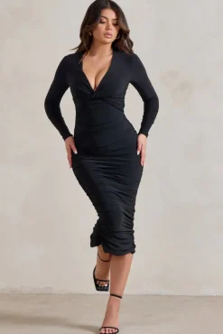 Renee | Black Plunge Twist Neckline Long Sleeve Ruched Midi Dress