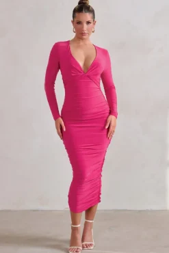 Renee | Hot Pink Plunge Twist Neckline Long Sleeve Ruched Midi Dress