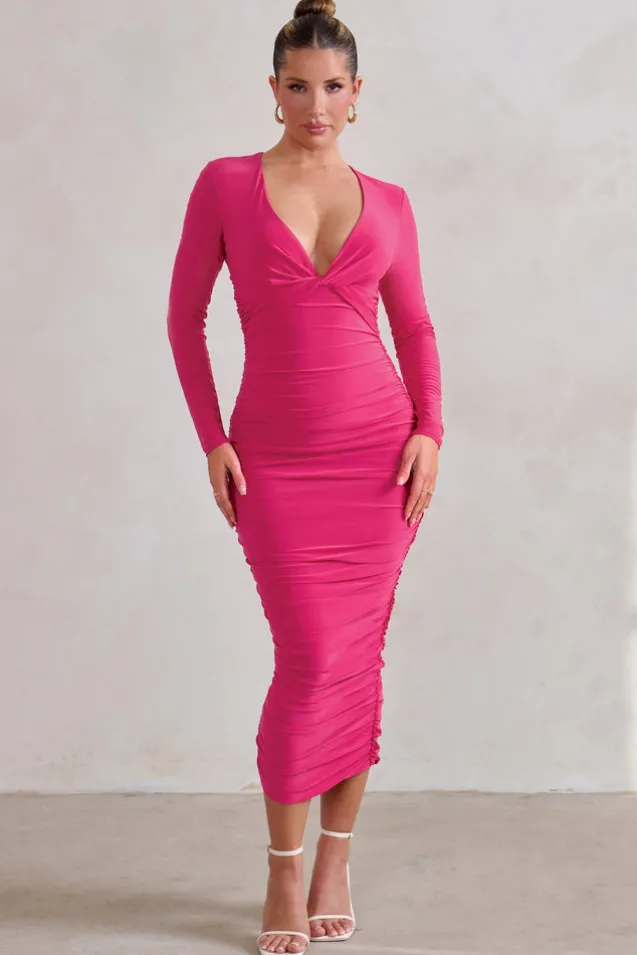 Renee | Hot Pink Plunge Twist Neckline Long Sleeve Ruched Midi Dress