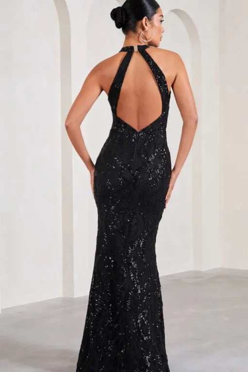 Reserved | Black Sequin Lace Split Maxi Dress