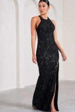 Reserved | Black Sequin Lace Split Maxi Dress