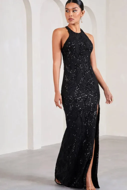 Reserved | Black Sequin Lace Split Maxi Dress