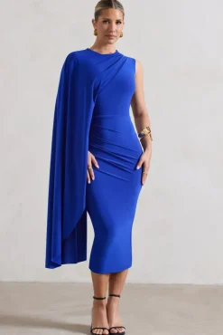 Reveal | Royal Blue One-Sleeve Cape Midi Dress