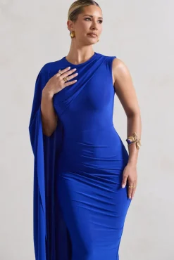 Reveal | Royal Blue One-Sleeve Cape Midi Dress
