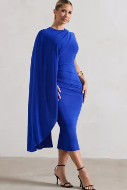 Reveal | Royal Blue One-Sleeve Cape Midi Dress