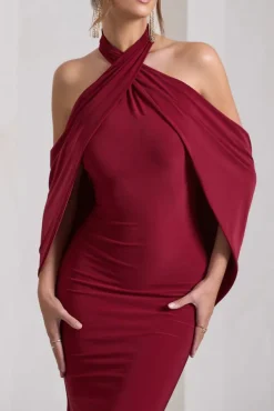Revelation | Berry Red Crossed Halter-Neck Fishtail Maxi Dress With Cape