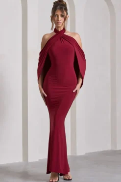 Revelation | Berry Red Crossed Halter-Neck Fishtail Maxi Dress With Cape