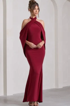 Revelation | Berry Red Crossed Halter-Neck Fishtail Maxi Dress With Cape