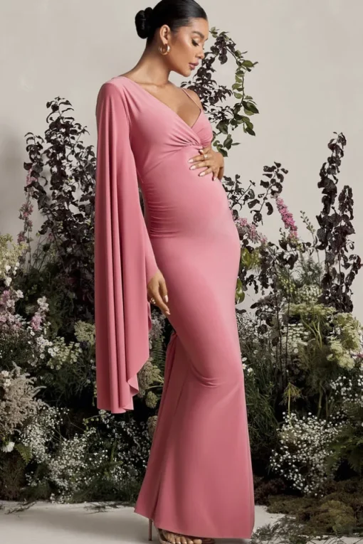 Rhea | Blush Pink V-Neck Split Maternity Maxi Dress With Cape Sleeve