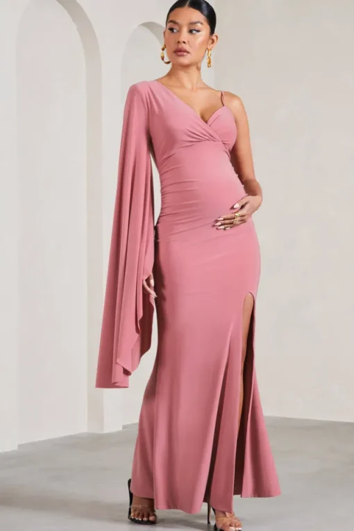 Rhea | Blush Pink V-Neck Split Maternity Maxi Dress With Cape Sleeve