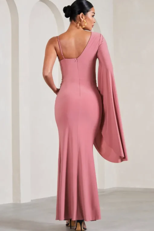 Rhea | Blush Pink V-Neck Split Maternity Maxi Dress With Cape Sleeve