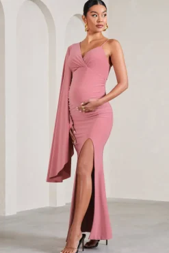 Rhea | Blush Pink V-Neck Split Maternity Maxi Dress With Cape Sleeve