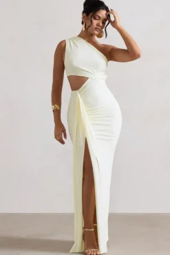 Rhodes | Ecru One-Shoulder Cut-Out Split Maxi Dress With Drape
