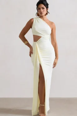 Rhodes | Ecru One-Shoulder Cut-Out Split Maxi Dress With Drape