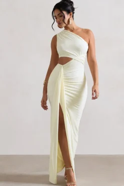 Rhodes | Ecru One-Shoulder Cut-Out Split Maxi Dress With Drape