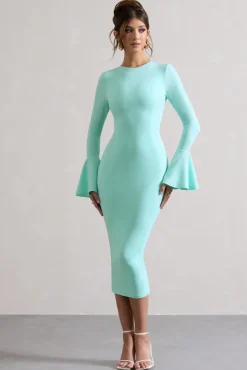 Rhyanne | Mint Bodycon Flared-Sleeve Midi Dress