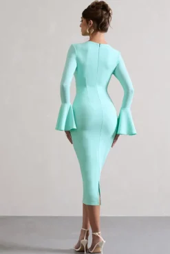 Rhyanne | Mint Bodycon Flared-Sleeve Midi Dress