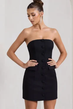 Rina | Black Strapless Tailored Mini Dress With Button Front