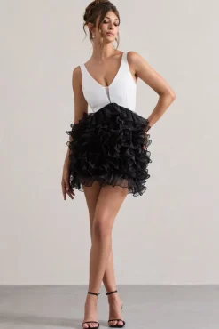 Riot | Black u0026 White Plunge-Neck Mini Dress With Organza Skirt
