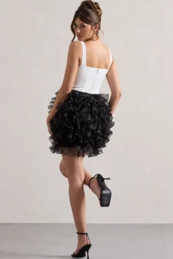 Riot | Black u0026 White Plunge-Neck Mini Dress With Organza Skirt