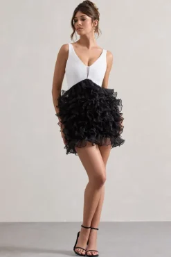 Riot | Black u0026 White Plunge-Neck Mini Dress With Organza Skirt