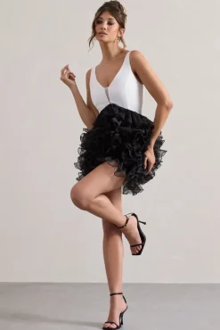 Riot | Black u0026 White Plunge-Neck Mini Dress With Organza Skirt