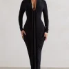 Risha | Black Plunge-Neck Long-Sleeve Drape Maxi Dress