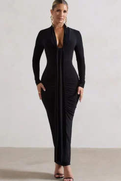Risha | Black Plunge-Neck Long-Sleeve Drape Maxi Dress