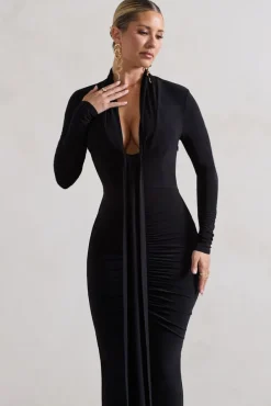 Risha | Black Plunge-Neck Long-Sleeve Drape Maxi Dress