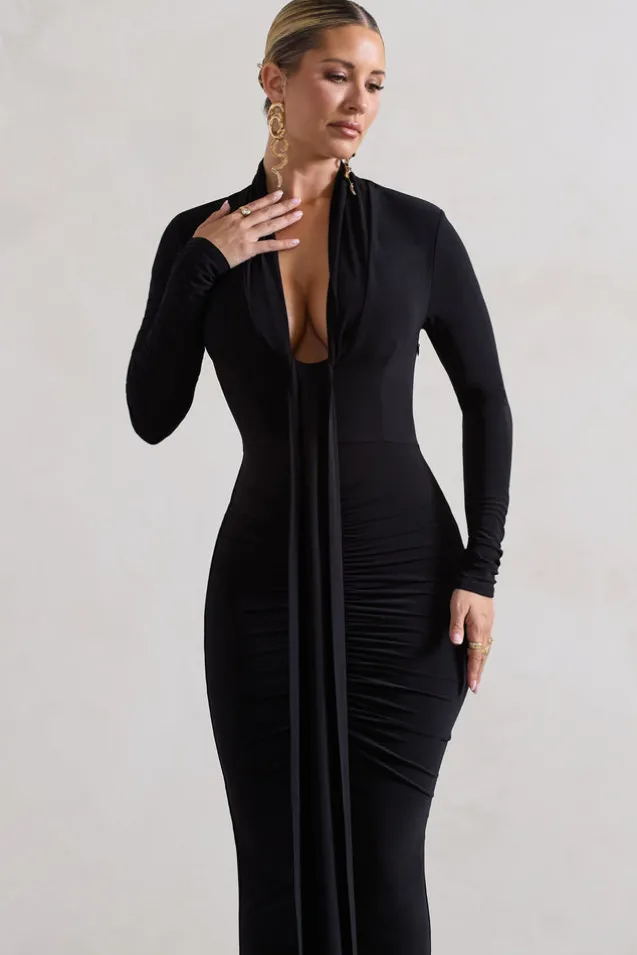Risha | Black Plunge-Neck Long-Sleeve Drape Maxi Dress