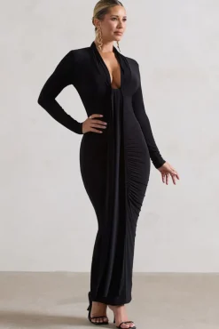 Risha | Black Plunge-Neck Long-Sleeve Drape Maxi Dress