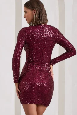 Rising Star | Burgundy Sequin Long-Sleeved Twisted Mini Dress