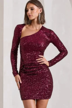 Rising Star | Burgundy Sequin Long-Sleeved Twisted Mini Dress