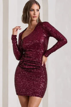 Rising Star | Burgundy Sequin Long-Sleeved Twisted Mini Dress
