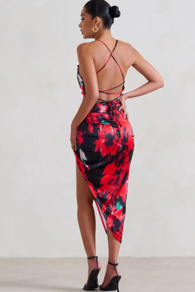 Risk It All | Black u0026 Red Floral Print Cami Cowl Neck Asymmetric Hem Dress